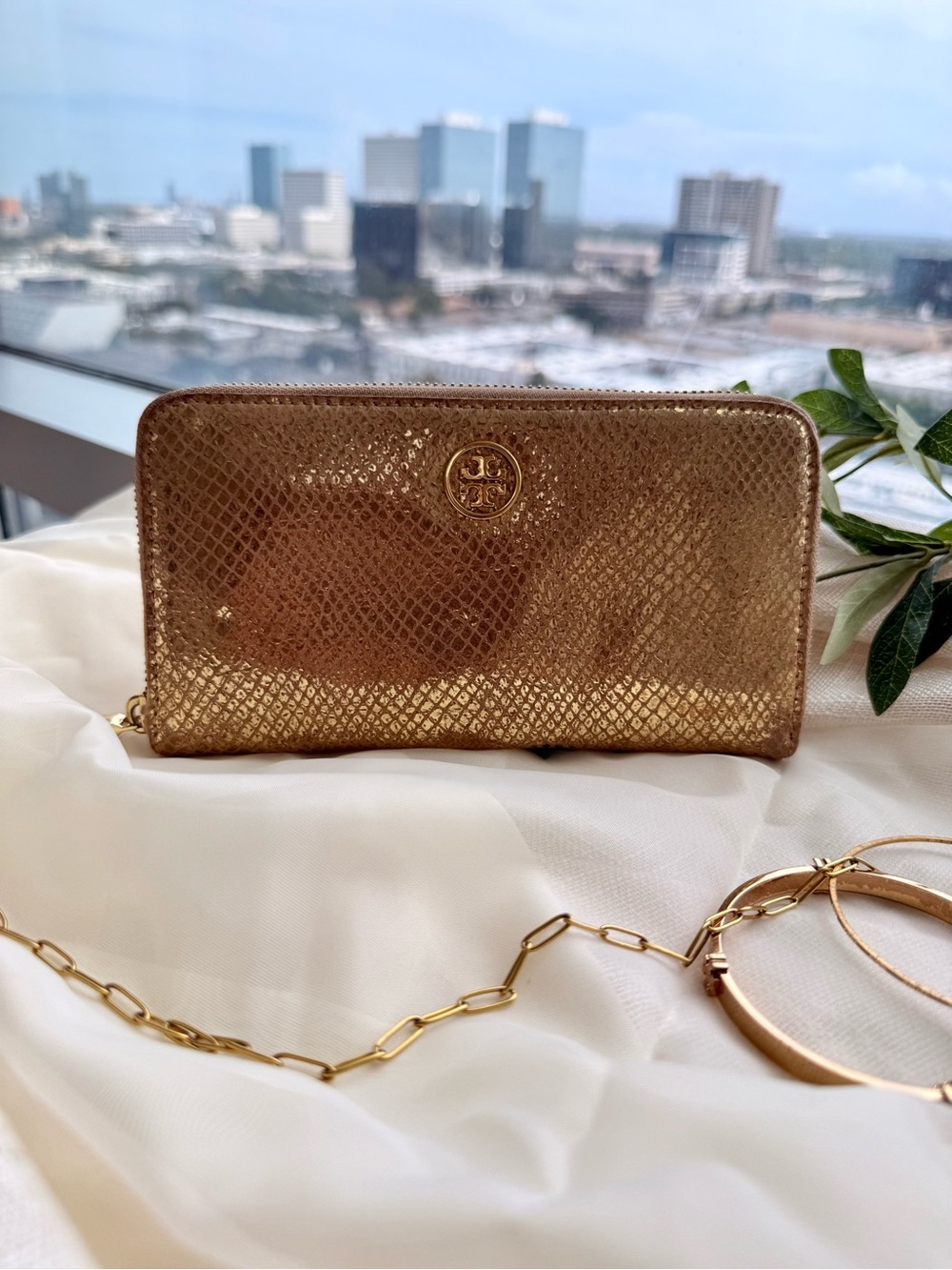 Tory Burch Metallic Gold Snake Embossed Leather Zip Around Wallet⁠